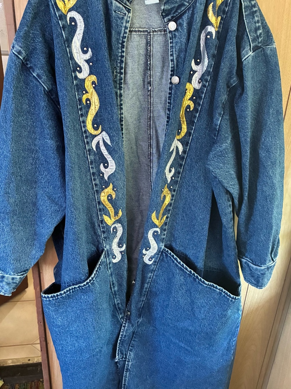 Embroidered Long Denim Coat Jacket - Blue